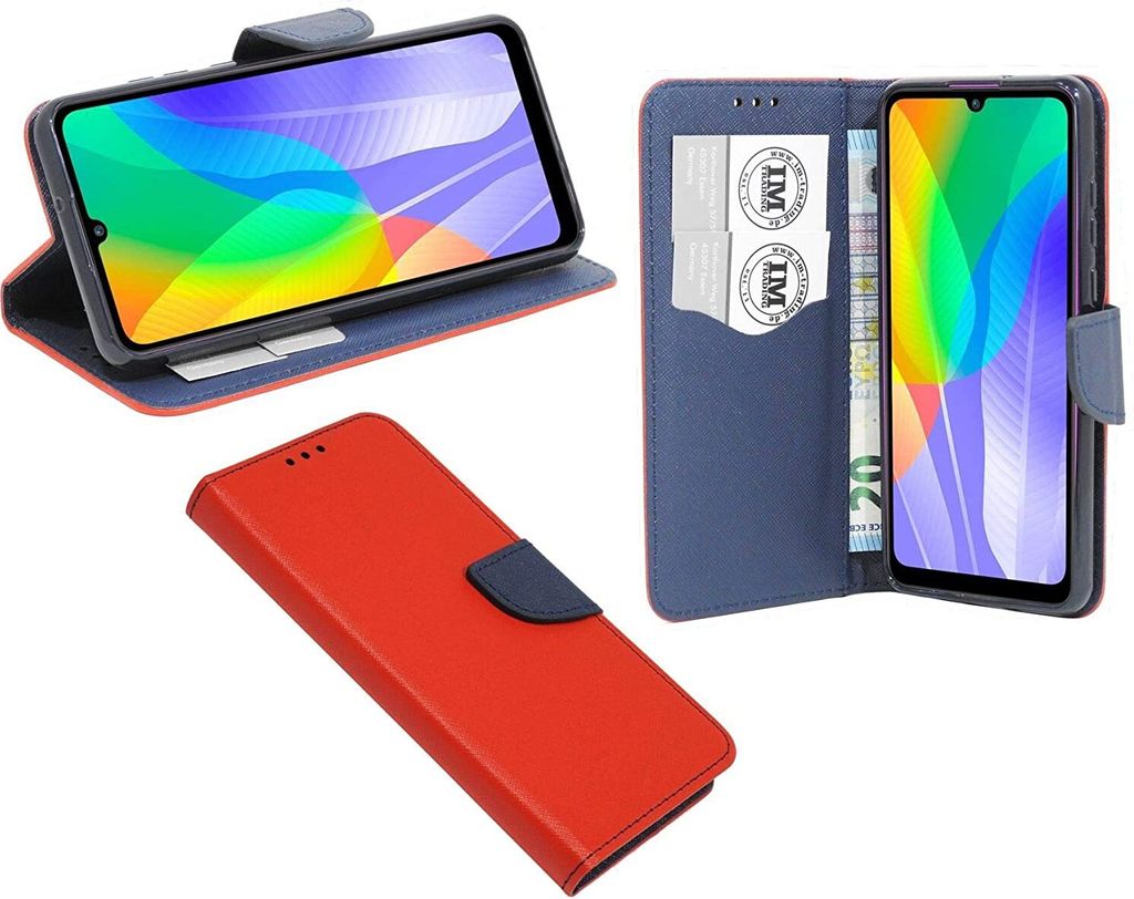 Buch Tasche "Fancy" kompatibel mit Huawei Y6P Handy Hülle Etui Brieftasche Schutzhülle mit Standfunktion, Kartenfach Rot-Blau