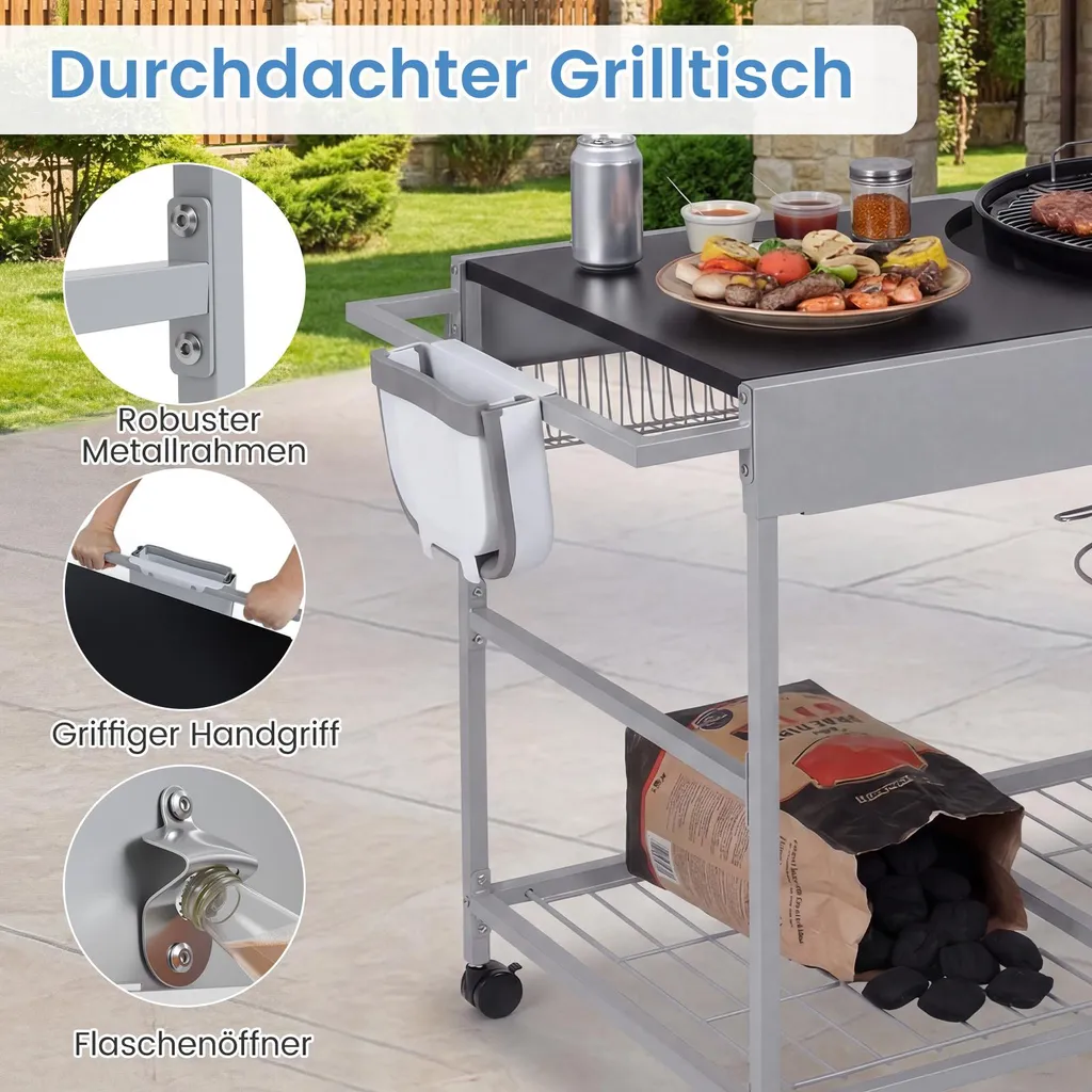Table de barbecue mobile et support de service avec étagère à épices