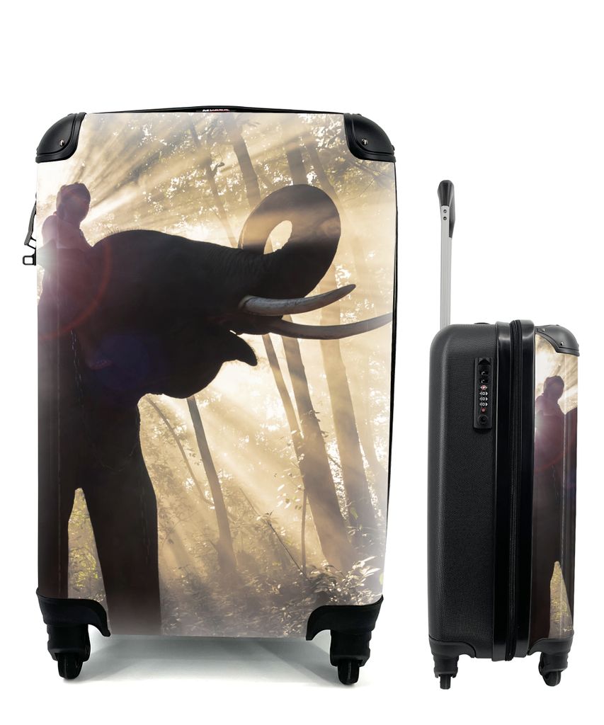 MuchoWow Koffer Handgepäck Trolley Rollkoffer Kleine Reisekoffer mit 4 Rollen - Elefant mit Person in hellem Sonnenlicht - Cabin Size < 55x40x23...