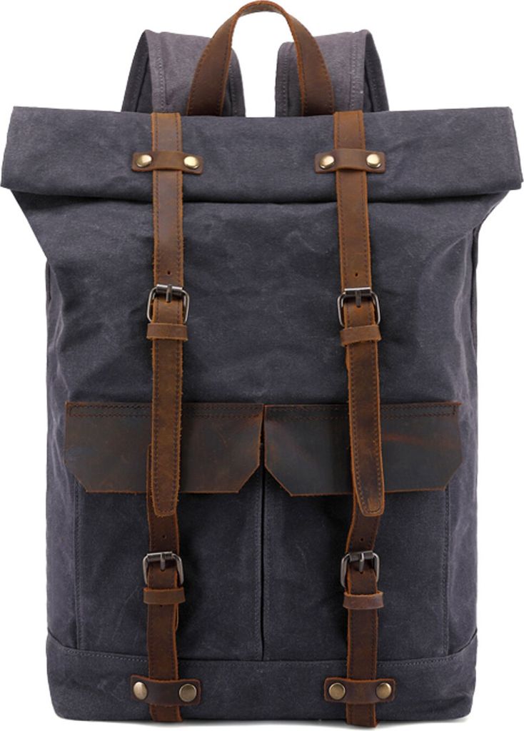 OKWISH Vintage Rucksack Herren Canvas mit Leder- Canvas Rucksack Vintage Schwarz, Herren Rucksack Schwarz mit Laptopfach für 15 Zoll Laptop