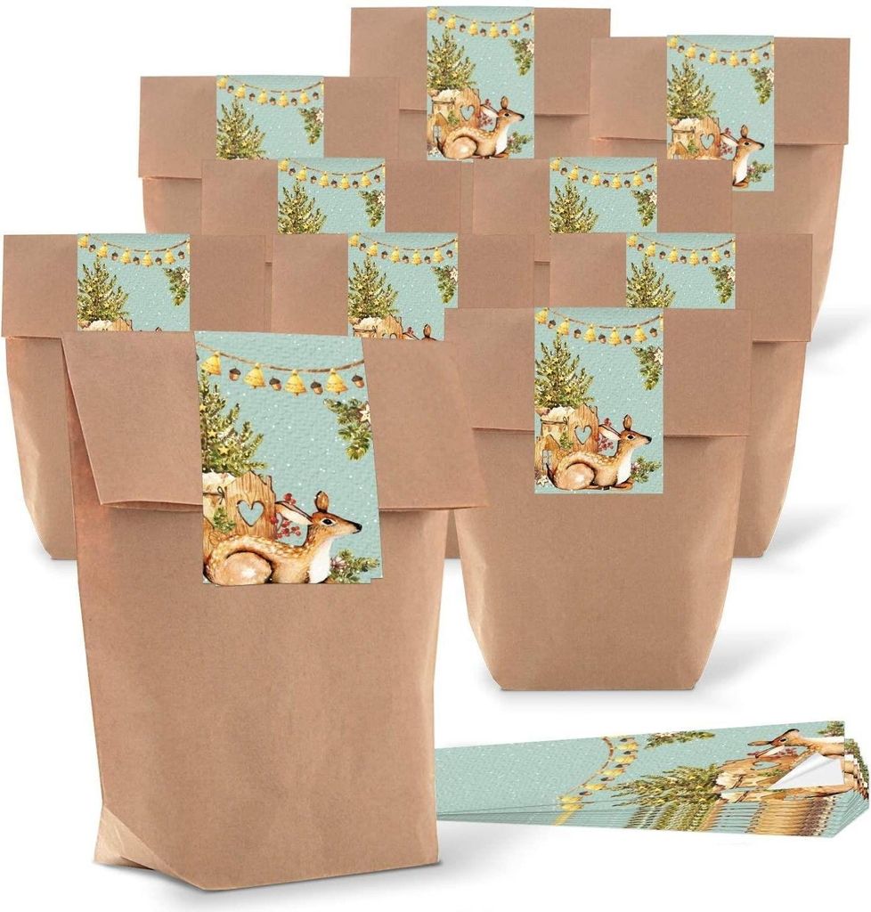 Logbuch-Verlag 10 braune Kreuzbodenbeutel zum Befüllen 16,5 x 26 x 6,5 cm mit Weihnachtsbanderole zum Beschriften - Geschenktüte WeihnachtenReh n...