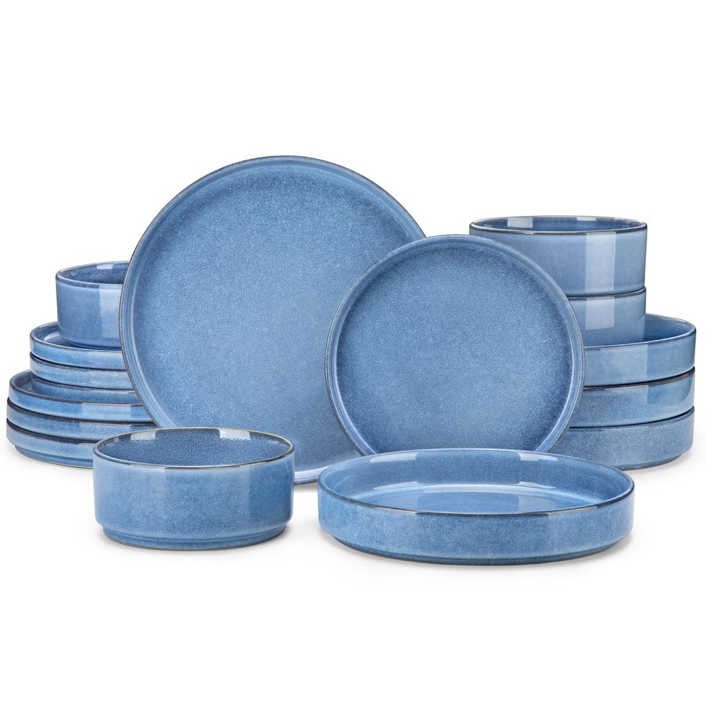 VANCASSO, 16-tlg Steingut Geschirrset, Kombiservice für 4, Tafelservice mit Speiseteller, Dessertteller, Suppenteller, Schale, Blau