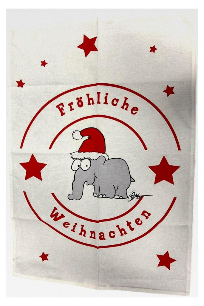 Ottifant Geschirrtuch aus Halbleinen, 50 x 70 cm, Weihnachtsmotiv mit Sternen, Weiß/Rot