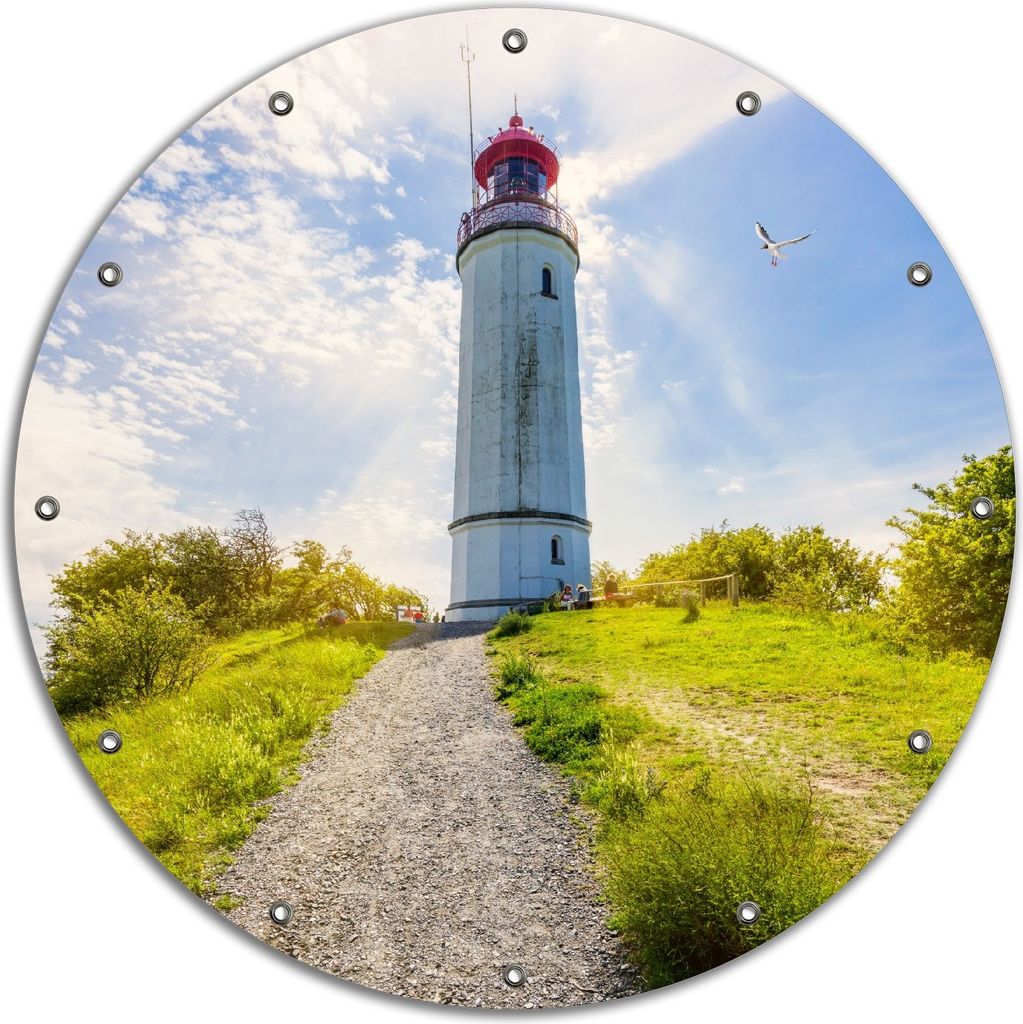 Wallario rundes Outdoor-Poster für Garten oder Balkon, Motiv Leuchtturm auf Hiddensee bei Sonnenschein, 90 cm Durchmesser
