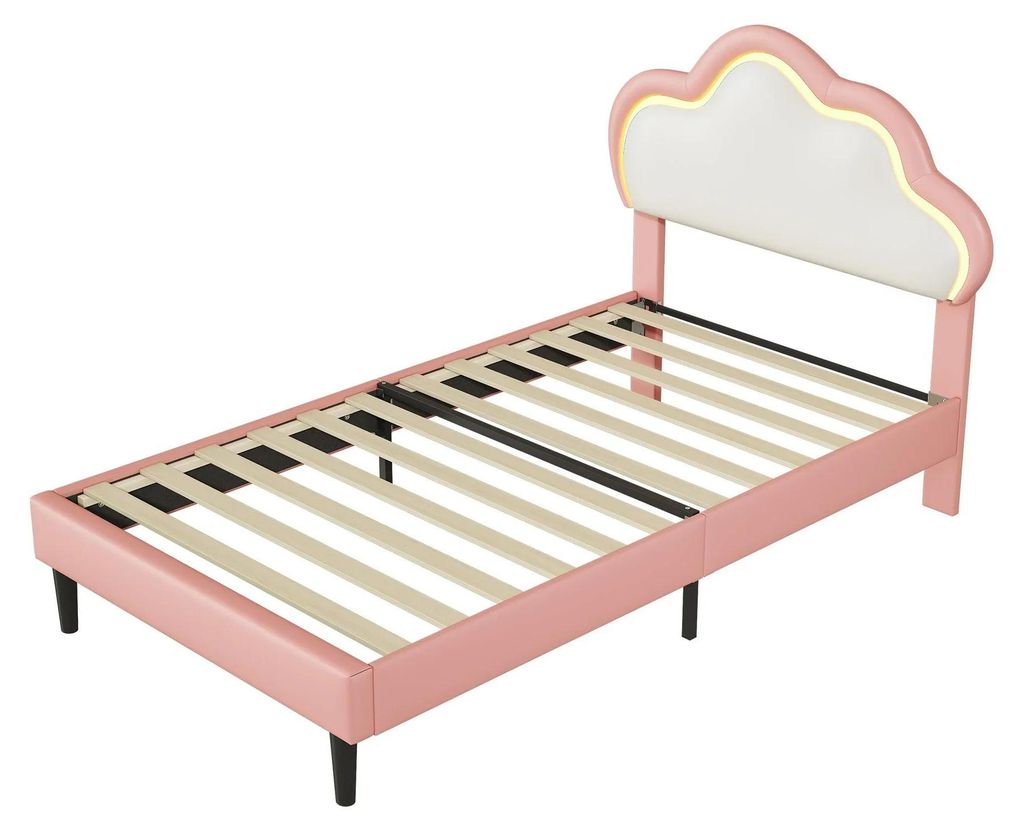 Kinderbett 90x200 cm - Polster Einzelbett - LED Beleuchtung - Höhenverstellbares Kopfteil in Wolkenform - Lattenrost - Kiefernholz - Rosa