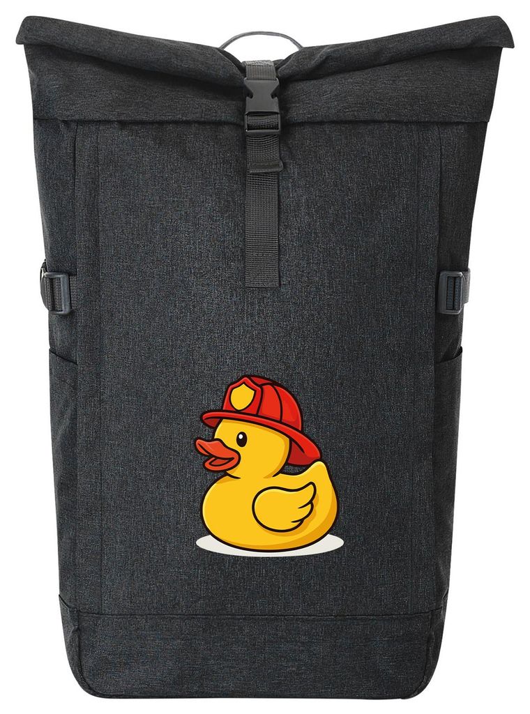 Huuraa Kurierrucksack Quietscheente Feuerwehr Comic Gummiente 30-44 Liter Black Melange Fairtrade Rolltop Rucksack Geschenkidee