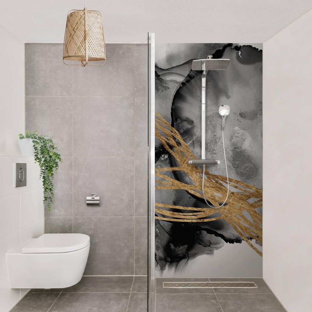 Duschrückwand originell selbstklebend - 0.61 mm Wandpaneel wasserfest Design schwarz Aquarell Abstrakt Badrückwand fugenlos Premium matt 90x210 cm