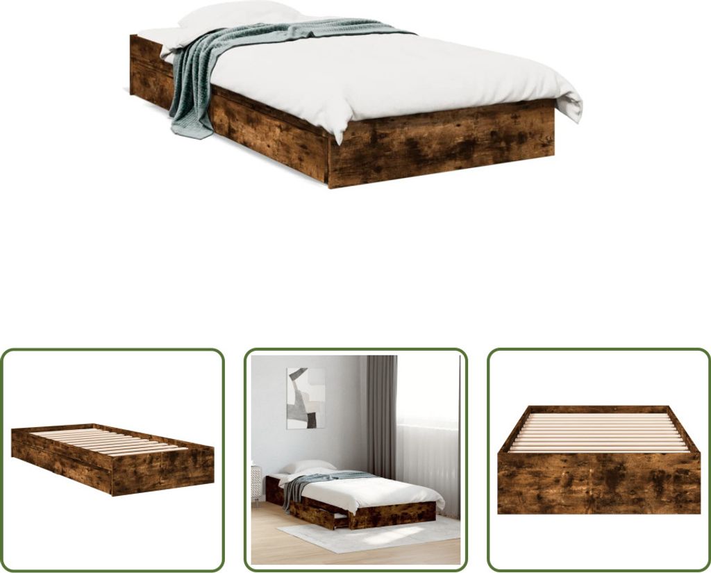 The Living Store Bettgestell mit Schubladen Räuchereiche 100x200cm Holzwerkstoff