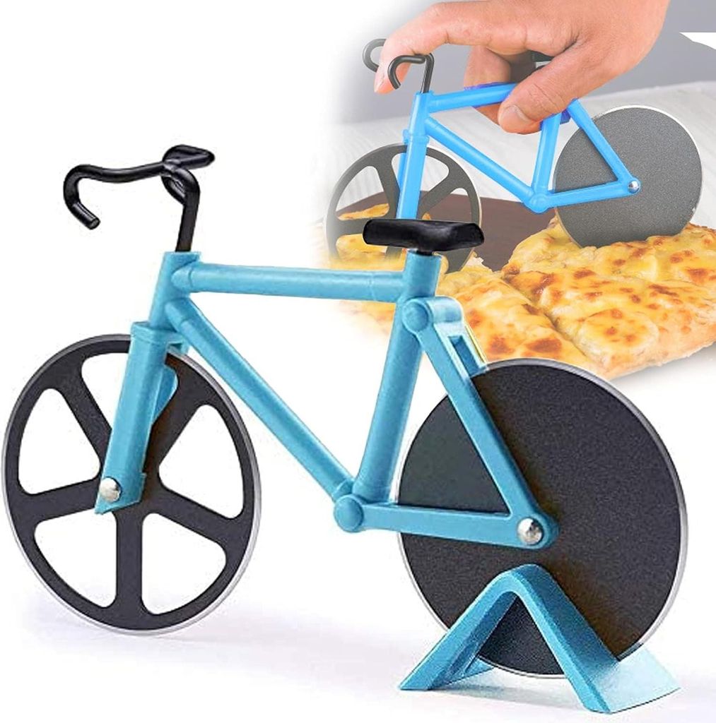 Lustige doppelte Pizzaschneider in Fahrradform mit Ständer, geeignet für Küchenrestaurants (blau)