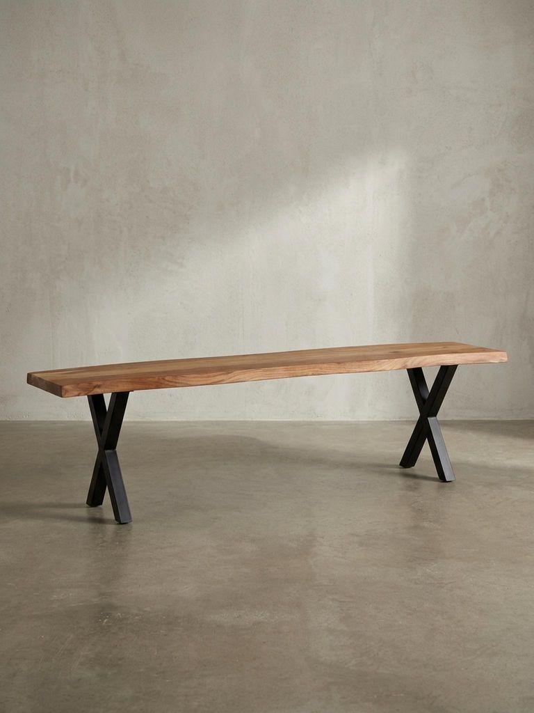 Esszimmerbank 140x40x45,5 cm Akazie Massivholz / Metall mit Baumkante, Esstischbank Modern, Holzbank Massiv ohne Lehne, Küchenbank Essbank mit X-B...