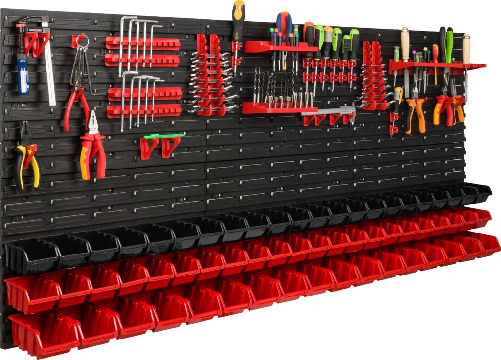 Lagersystem Werkstattregal | 172 x 78 cm | 61 stck. Box | Wandregal mit Werkzeughalterungen und Stapelboxen - Wandplatten Extra Starke Schüttenreg...