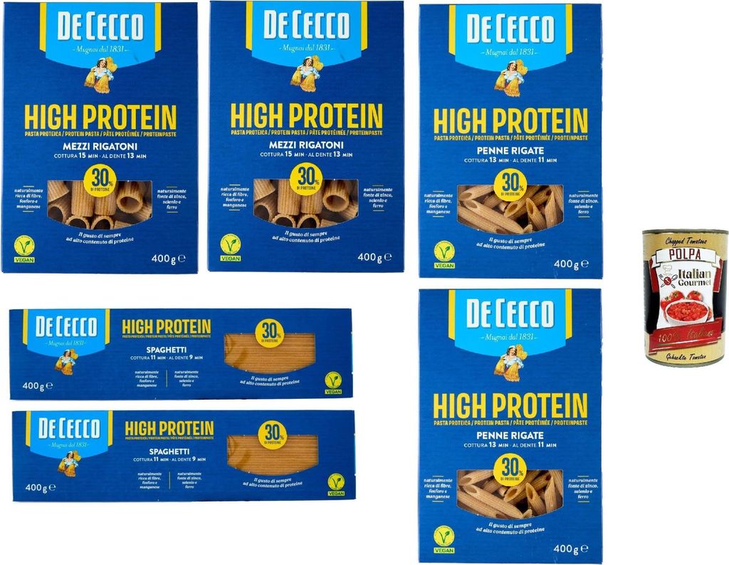 De Cecco Testpaket, High protein, Italienische Hartweizennudeln, 6 Packungen à 400g, Pasta aus 100% italienischem Hartweizen, + Italian Gourmet po...