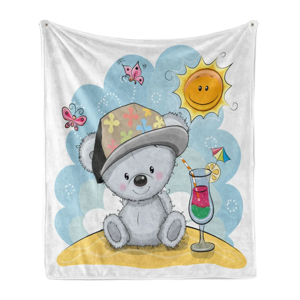 ABAKUHAUS Divertente orso Morbida coperta in flanella e pile, Farfalle Estate, Comodo peluche per interni ed esterni, 125 x 175 cm, Multicolore