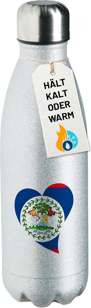 Huuraa Trinkflasche Belize Flagge Herz 500ml Silver Edelstahl Wasserflasche Trinkflasche Geschenkidee