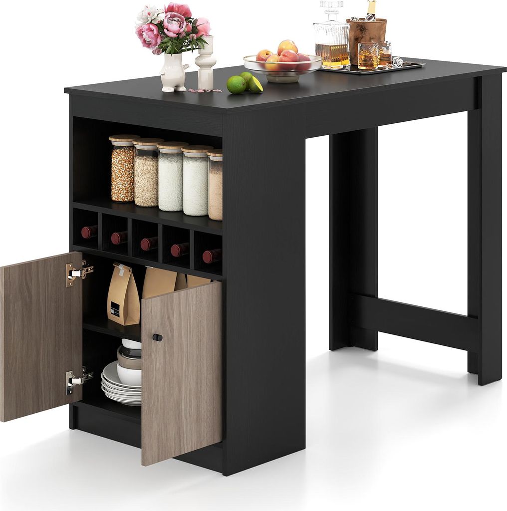 Bartisch mit Stauraum, rechteckiger Tisch mit Holzmaserung, Würfel, Schrank mit verstellbarem Regal, platzsparendes Möbelstück, Schwarz + Grau
