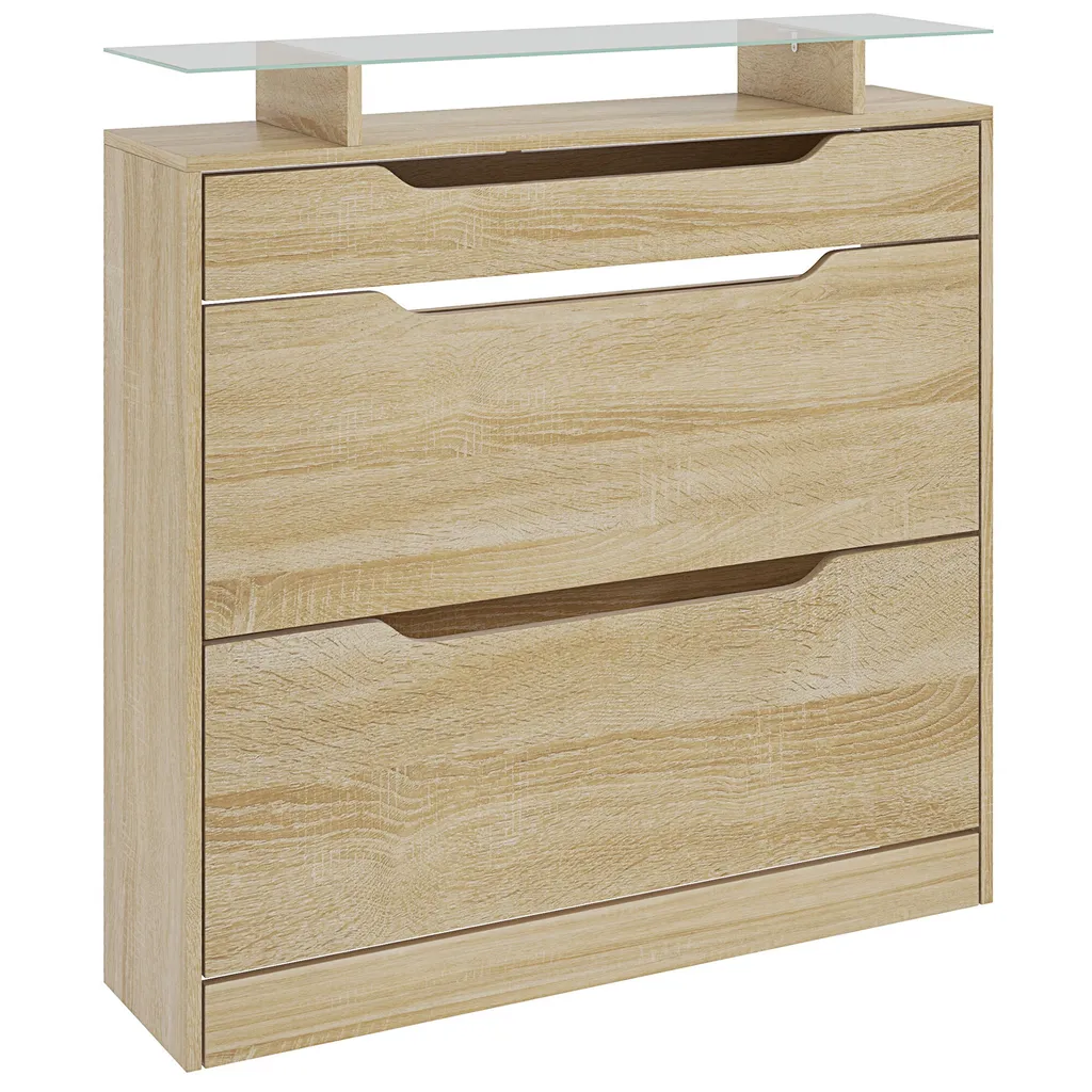 Armoire à chaussures slim en bois chêne avec tablette en verre trempé