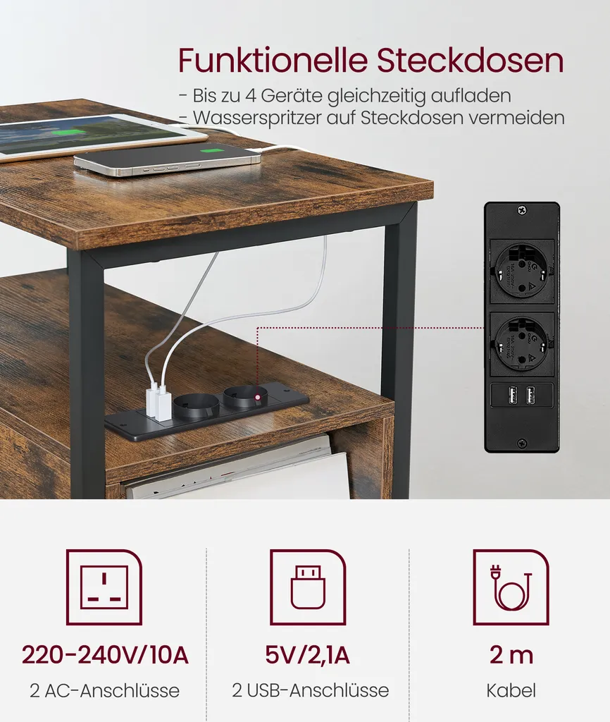 Petite Table d'Appoint avec Prises USB et 2 Tiroirs de Rangement Fermés - 12