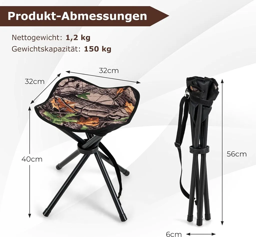 COSTWAY set di 2 sgabelli pieghevoli, sgabello da campeggio pieghevole e leggero, sgabello treppiede con tracolla, sgabello da campeggio portatile fino a 150 kg di portata, sgabello da pesca per campeggio, escursionismo, caccia, pesca, viaggi - 7