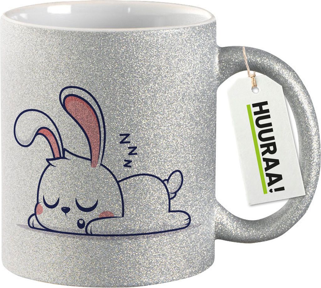 Huuraa Glitzertasse Hase Comic 330ml Silber Keramik Kaffeebecher Geschenkidee