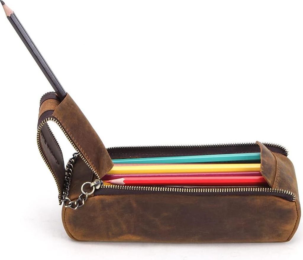 Hiram Lederetui mit Reißverschluss für Schule, Arbeit und Büro, Retro-Stil
