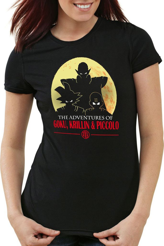 style3 The Adventures of Goku Krillin and Piccolo Damen T-Shirt, Farbe:Schwarz, Größe:S