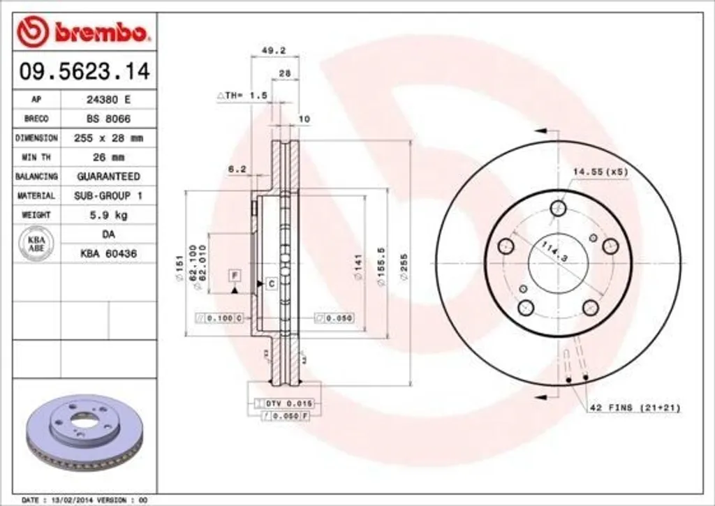 Disque de frein Brembo 09.5623.14 haute résistance pour Camry et Picnic (XM1)
