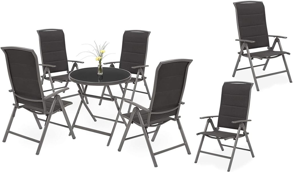 BRUBAKER Garten Sitzgruppe Milano - 1 Glastisch Klapptisch rund 70 cm Ø mit 6 Hochlehner Stühlen - Aluminium - Wetterfest - Silbergrau