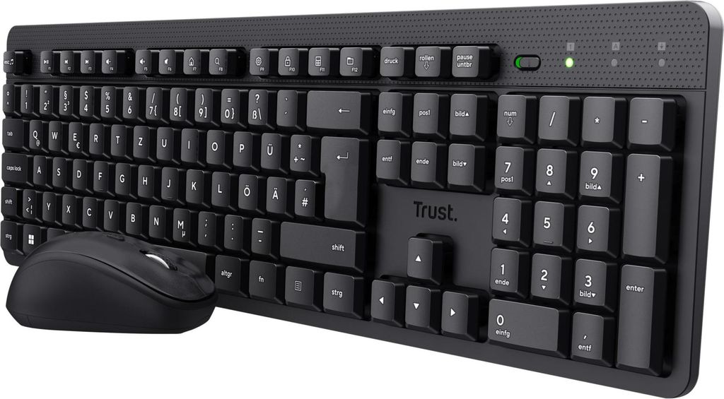 Trust ODY II Leise Tastatur Maus Set Kabellos Deutsches QWERTZ Layout, Flachen Tasten, Beidhändig Funkmaus 800-1600 DPI, Spritzwassergeschützt, E...
