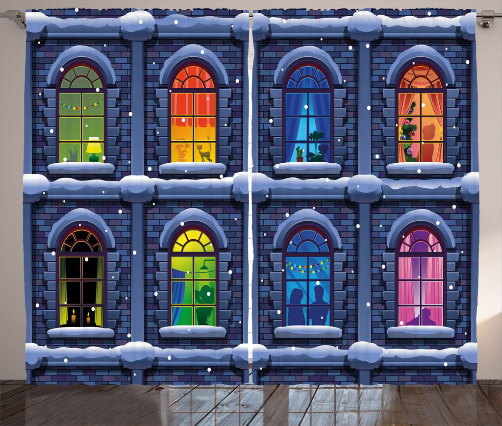 ABAKUHAUS Bunt Rustikaler Vorhang, Snowy Winter Night, Wohnzimmer Universalband Gardinen mit Schlaufen und Haken, 280 x 175 cm, Mehrfarbig
