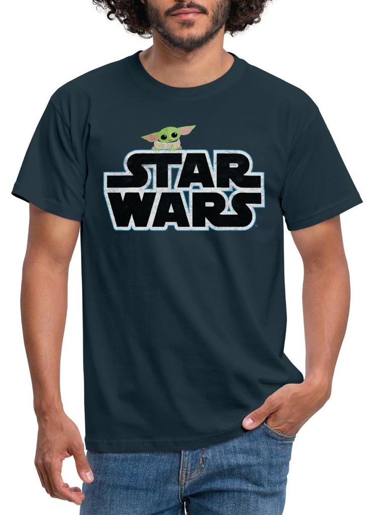 Star Wars: Mandalorian Schriftzug Mit Grogu Männer T-Shirt, 3XL, Navy