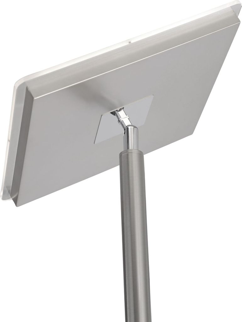 A close-up, angled view of the back of a modern LED floor lamp with a square head and a metal pole.