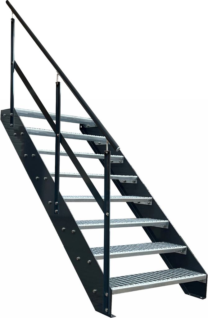 Gitterrost Stahl Wangentreppe 8 Stufen Geländer links - Verzinkt & Anthrazit Pulverlackierte Seiten - (B x H x T) 100 x 152 x 158 cm