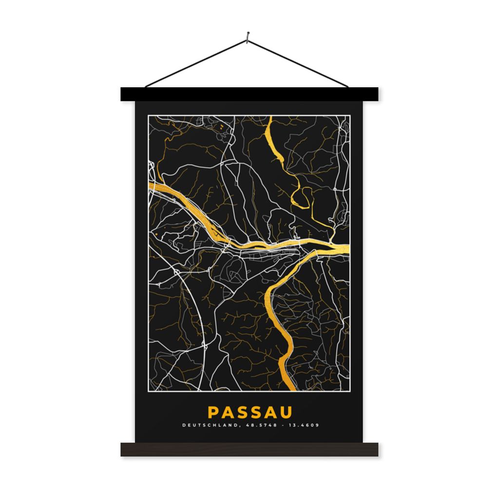 MuchoWow Textilposter Stadtplan - Deutschland - Gold - Passau - Karte 60x90 cm mit schwarzem Rahmen - Poster Wohnzimmer