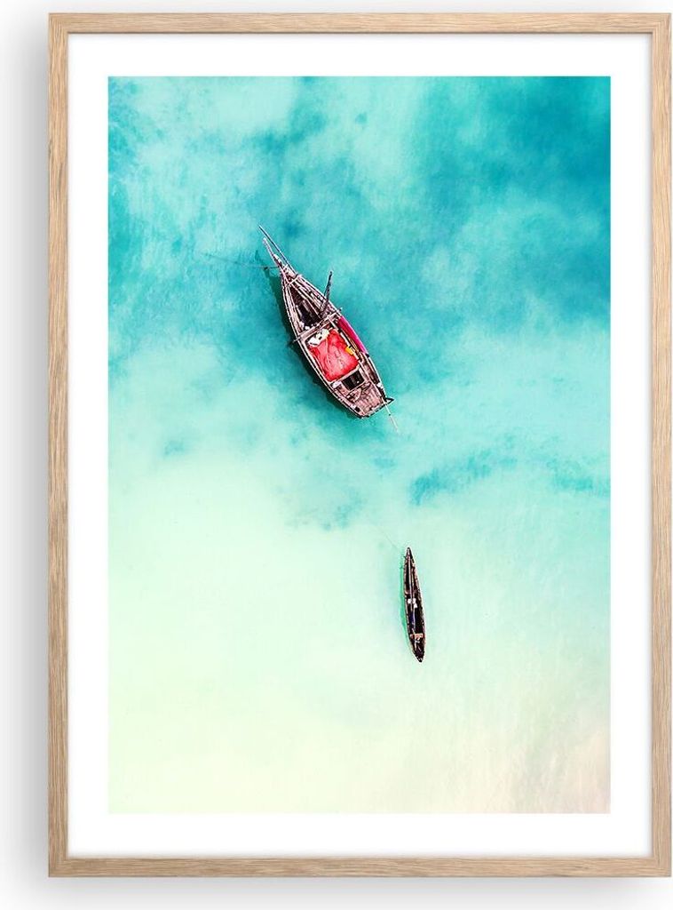 Gerahmtes Poster - Rahmen in heller Eiche - Insel Boot Schiff Ozean - 50x70 cm - Wand Bild - Wanddeko - Wandbilder - Wandposter - Bilderrahmen - Bi...
