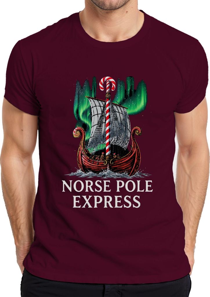 Norse Pole Express Weihnachtsgeschenk Wikinger Nordlicht lustig Herren T-Shirt, Burgundy, L
