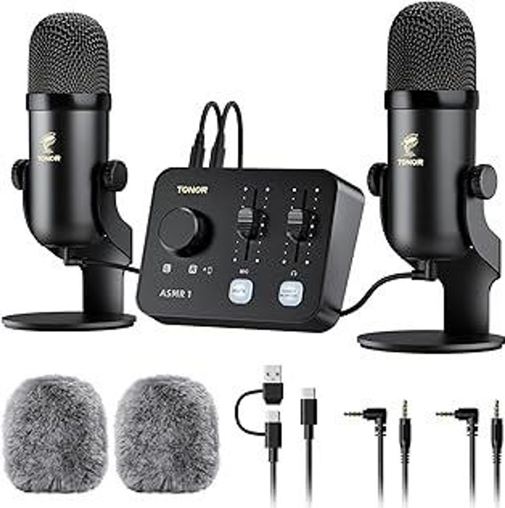 TONOR Podcast Mikrofon Set mit Audio Interface, ASMR Mikrofon, 2 Kondensatormikrofone, Audio Mixer, Lautstärkeregler, 3D Stereoklang, mit Fell-Win...