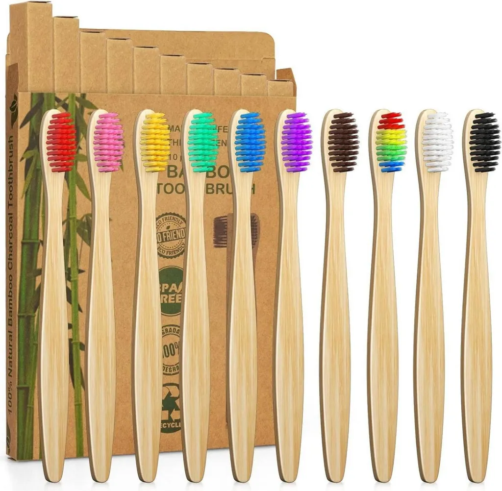 Lot de 10 Brosses à Dents en Bambou Naturel avec Poils Souples Premium