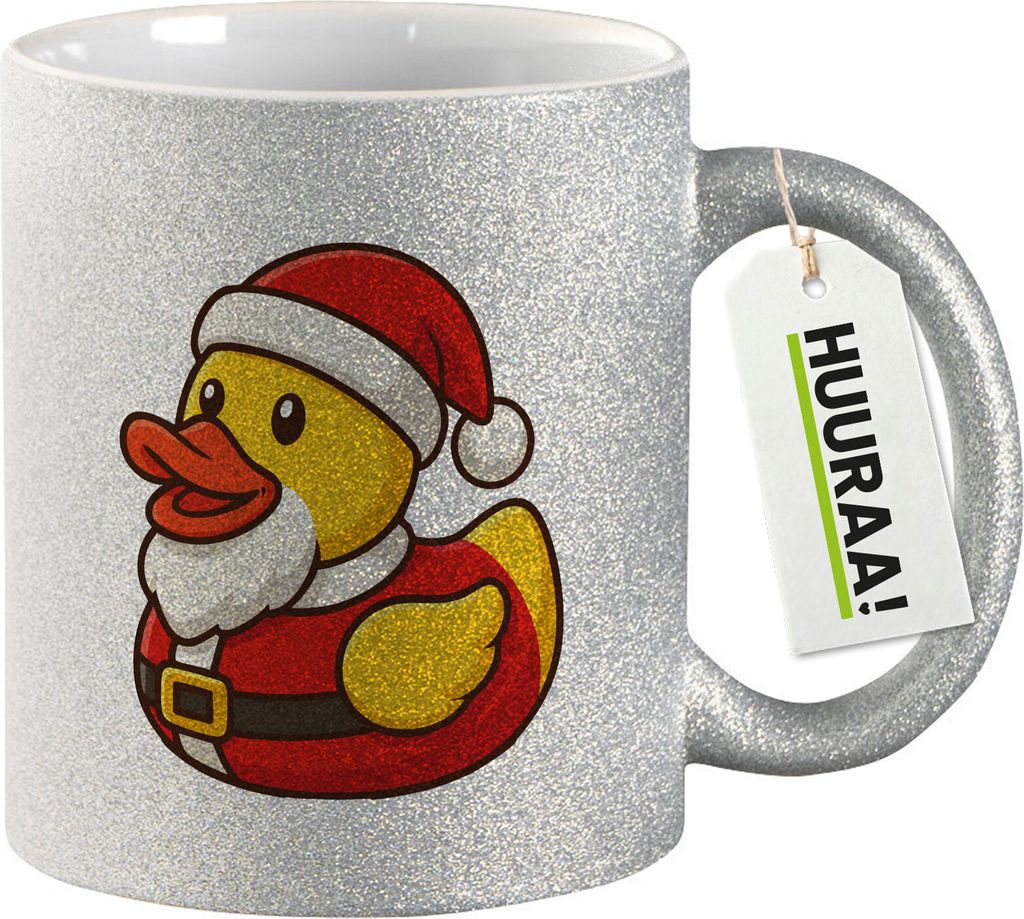 Huuraa Glitzertasse Quietscheente Nikolaus Gummiente Weihnachtsmann 330ml Silber Keramik Kaffeebecher Geschenkidee