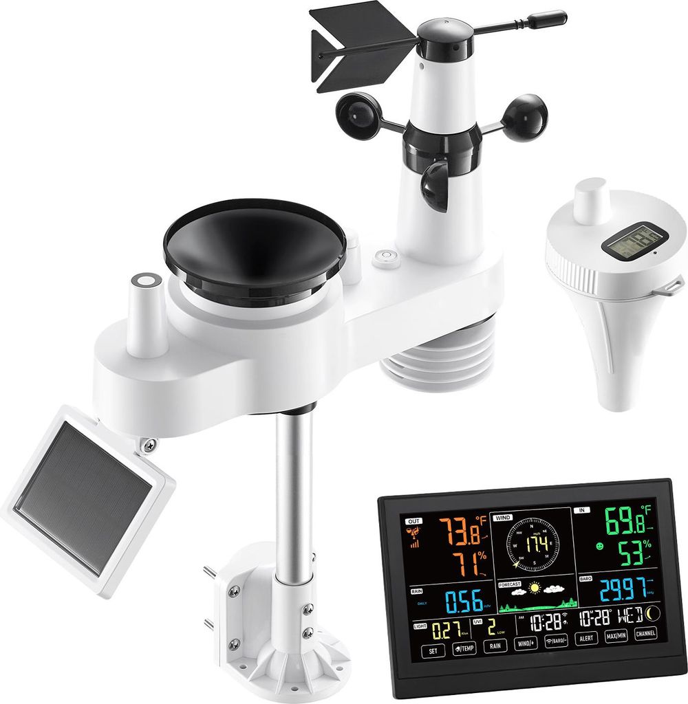 SucceBuy 7-in-1 WLAN-Wetterstation mit APP, 7,5-Zoll-Display, solarbetriebener Außensensor, inklusive Poolthermometer, Regenmesser, Wettercenter f...