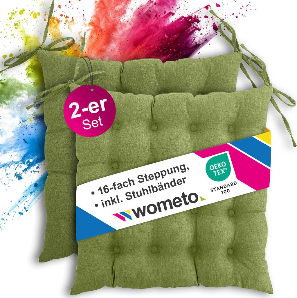 2er Set Sitzkissen Stuhlkissen 40x40 OEKO-TEX - grün grasgrün Sitzauflage Bank Polster Sitzpolster mit Bändern / Schleife, Indoor / Outdoor