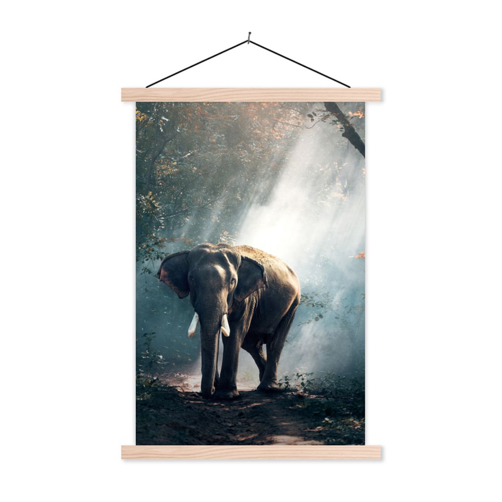 MuchoWow Textilposter Elefant - Tiere - Licht - Wald - Natur - Wildtiere 60x90 cm mit holzfarbenen Rahmen - Textil