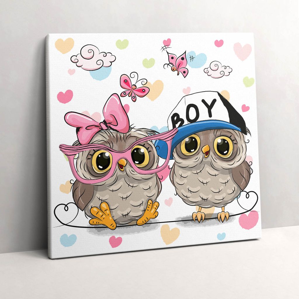 Two cute owls – Leinwandbild Wandbild – 60x60 cm – Leinwandbilder – Wandbilder – Schlafzimmer – Flur