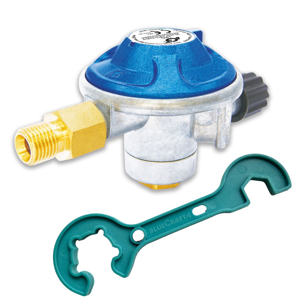 Kartuschen Regler Druckminderer 50 mbar für Schraubventilkartuschen inkl. 2 in 1 Gasregler-Schlüssel