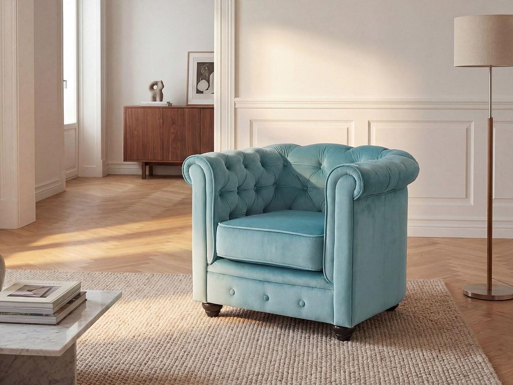 CHESTERFIELD Sessel - Pastellblauer Velours