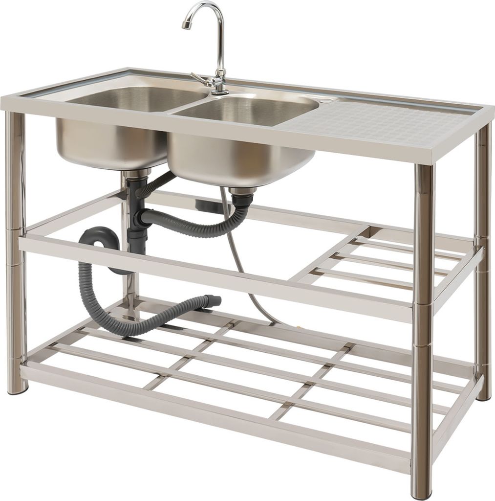 A stainless steel double sink with a faucet and drainboard, mounted on a metal frame with two shelves.