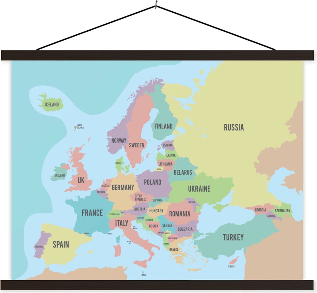 MuchoWow Textilposter Karte - Europa - Briefe 60x45 cm mit schwarzem Rahmen - Poster Schlafzimmer