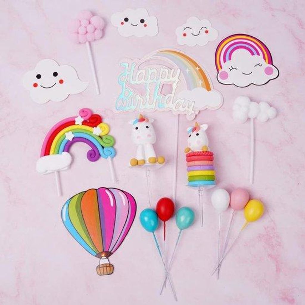 Regenbogendekorationsset – Taarttopper, Luftballonwolken, Banner & Puppen – Kinderfeierdekoration