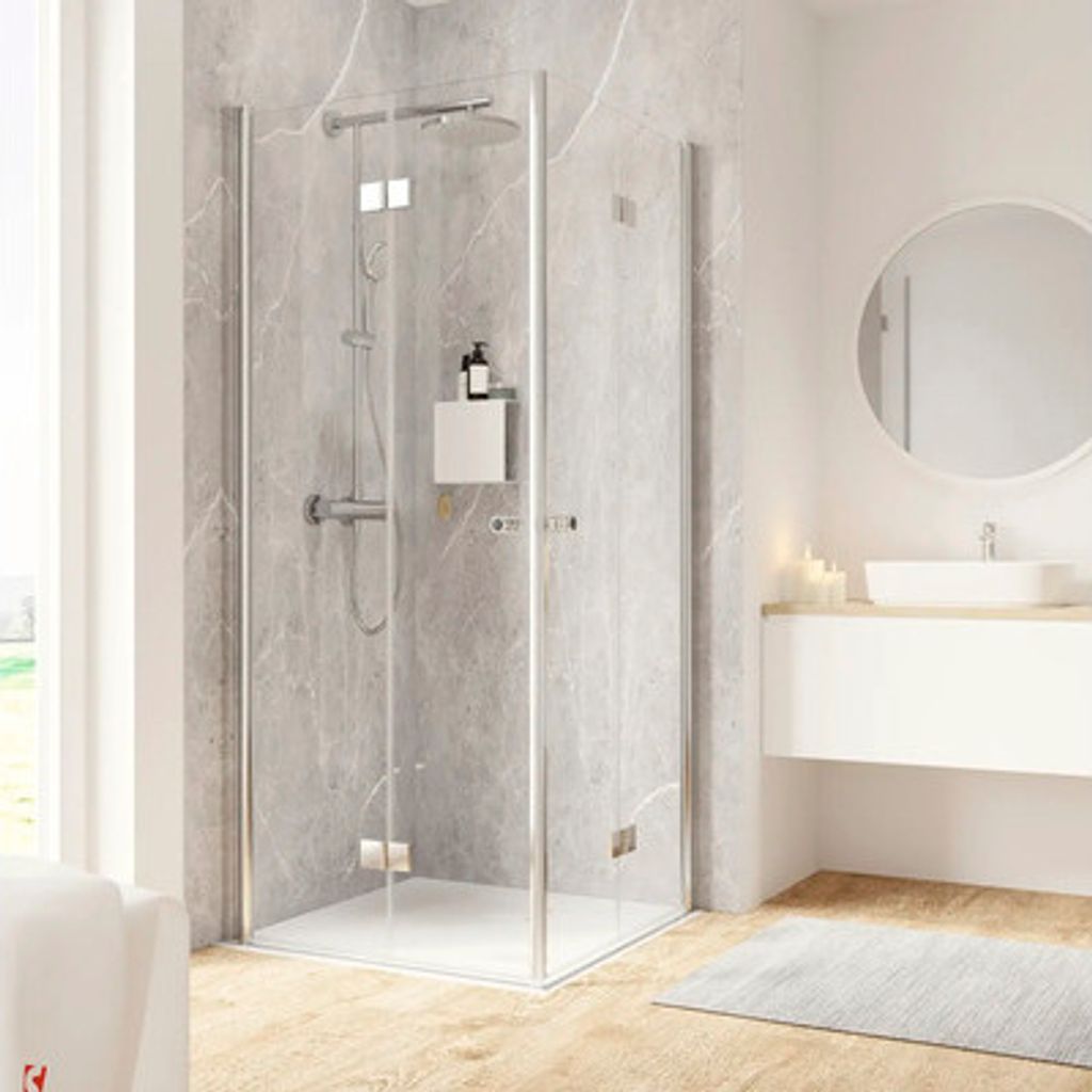 Eckeinstieg mit Drehfalttür SCHULTE Garant 2.0 75 x 90 x 200 cm Scharnier eckig Profil chrom Klarglas Reversibel