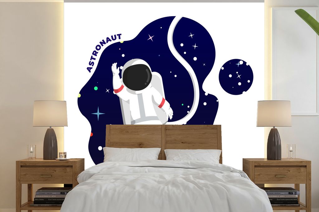 MuchoWow Fototapete für Wohnzimmer oder Schlafzimmer Wandtapete Vinyl Motivtapete Illustration - Astronaut - Kinder - 220x220 cm - Tapeten