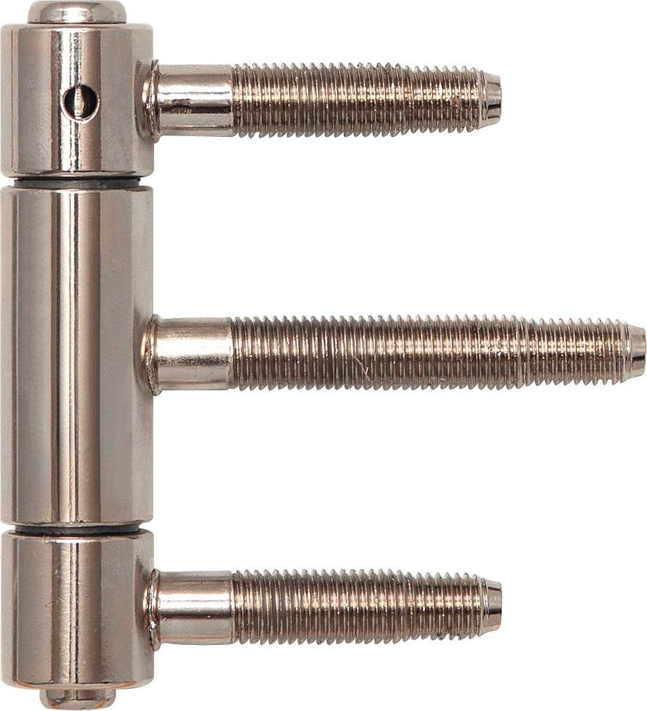 A close-up studio shot of a metal hinge with threaded screws.